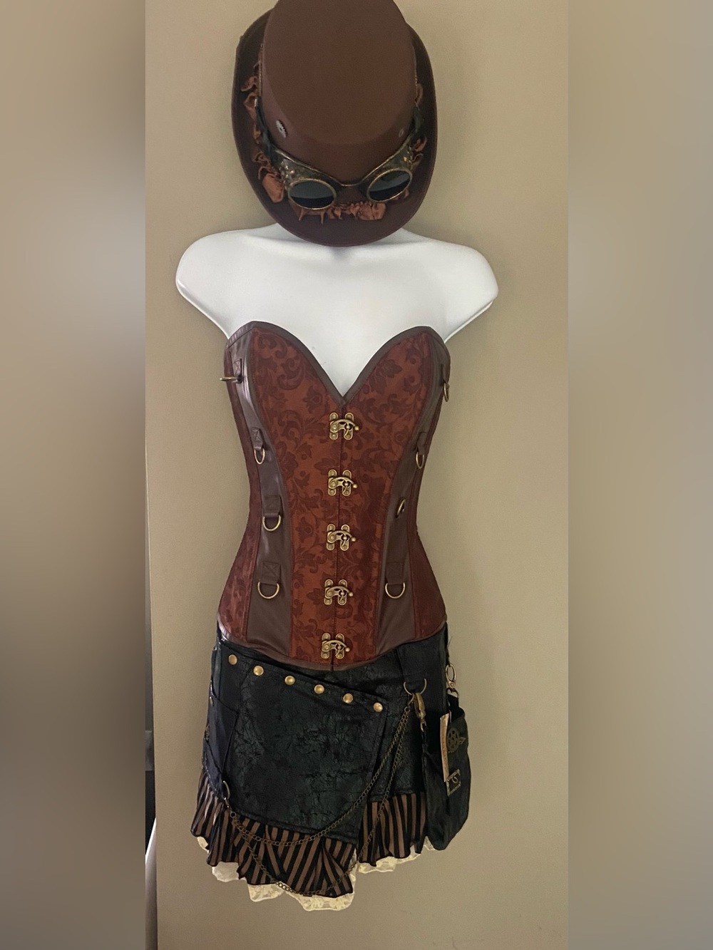 Brown Steampunk Costume with Corset, matching shrug, skirt & hat